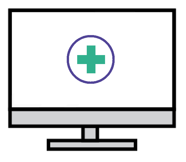 Icon depicting computer and medical cross on screen.
